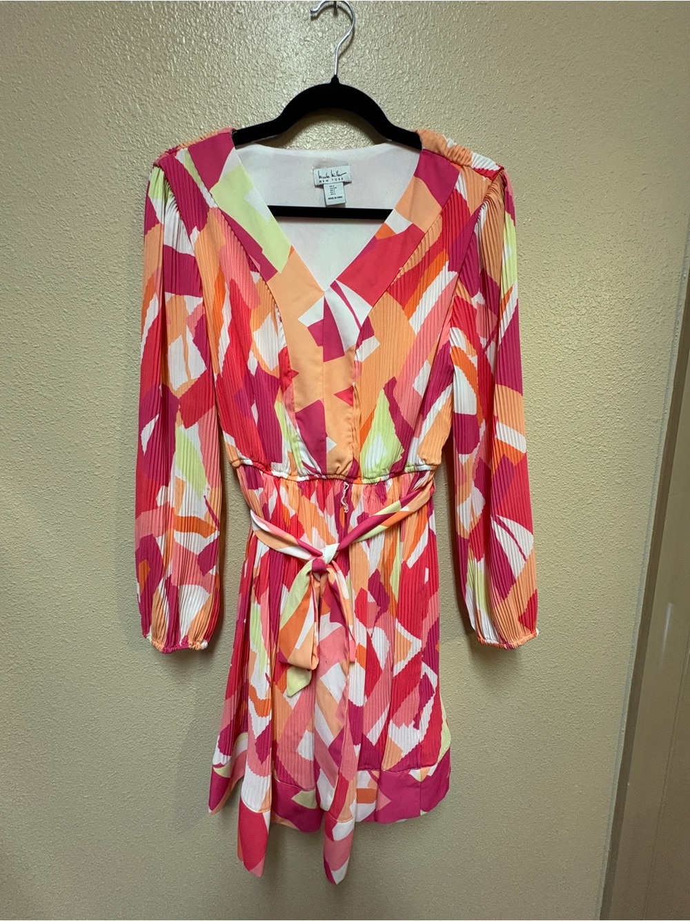 Nicole Miller Pink Orange Multi-Color Pleated V-Neck Dress